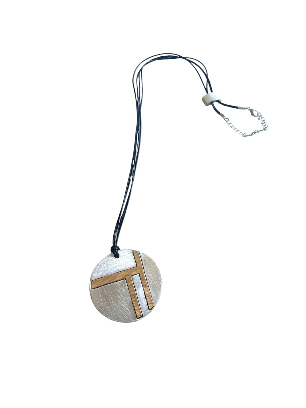 3 FOR $10 JEWELRY Round Silver Pendant Necklace with Brass Inlay on Black Cord